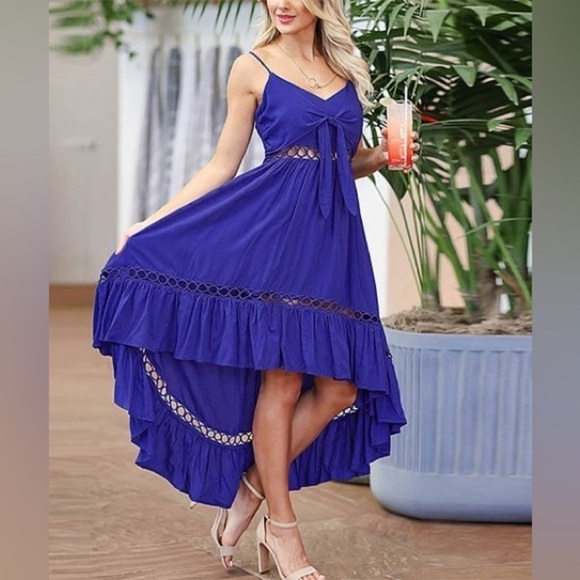 New Feeling Navy Blue Crochet Cutout Ruffle Hem High-Low Dress Size M - Picture 4 of 17